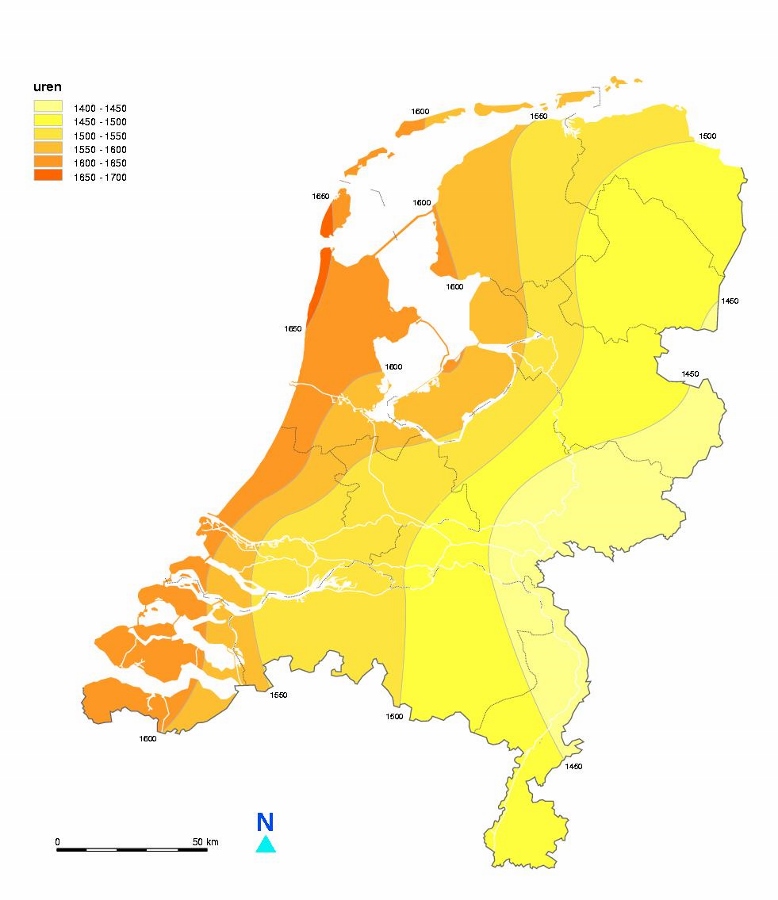 Zonne-urenkaart van Nederland (bron KNMI).