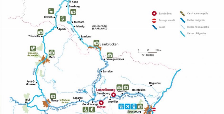 De vaarroutes in Saarland-Elzas met o.a. Saarbrücken, Nancy en Strassbourg (kaart LeBoat.nl)